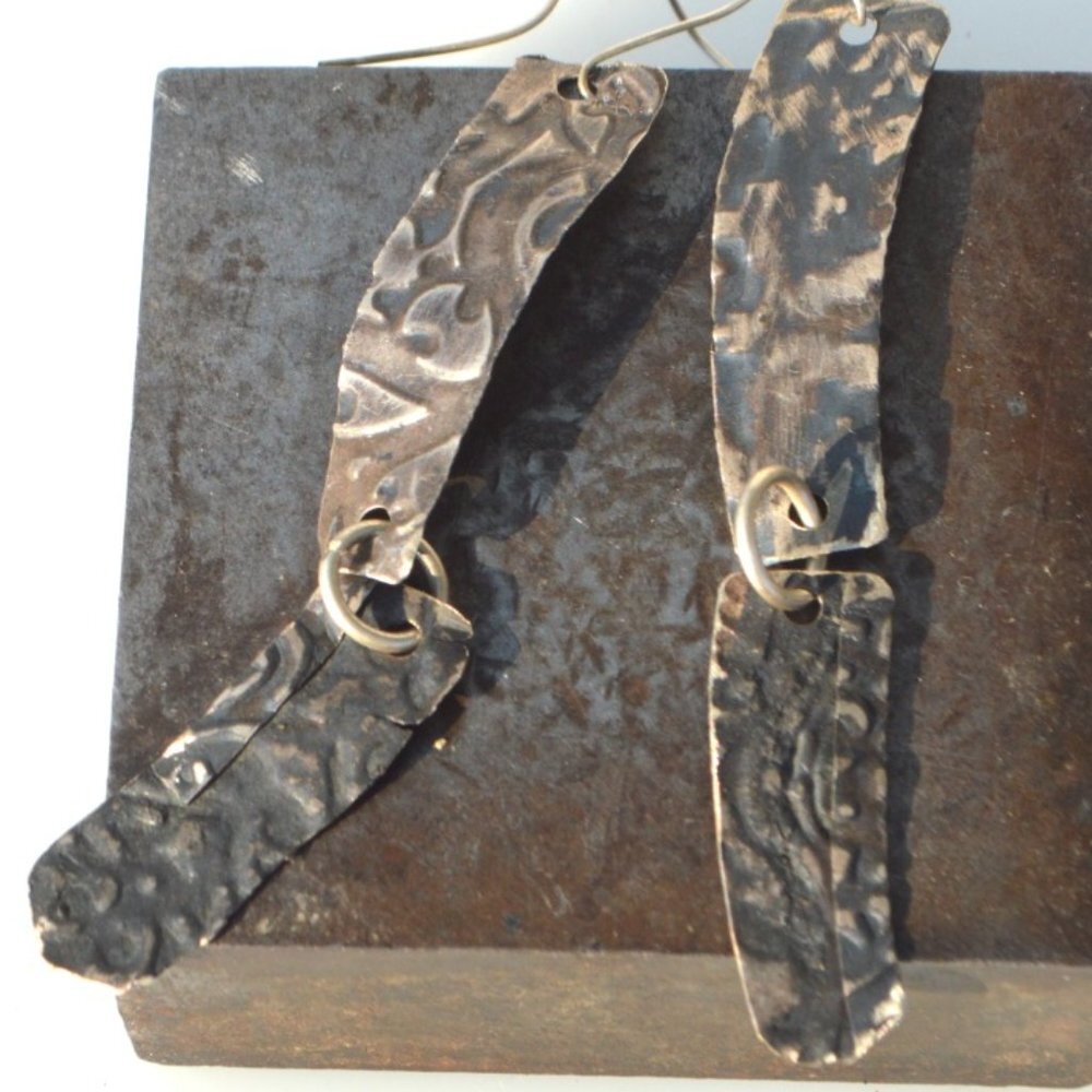 Embossed Rustic 925 Sterling Silver Drop Earrings Handmade Boho Gift Statement